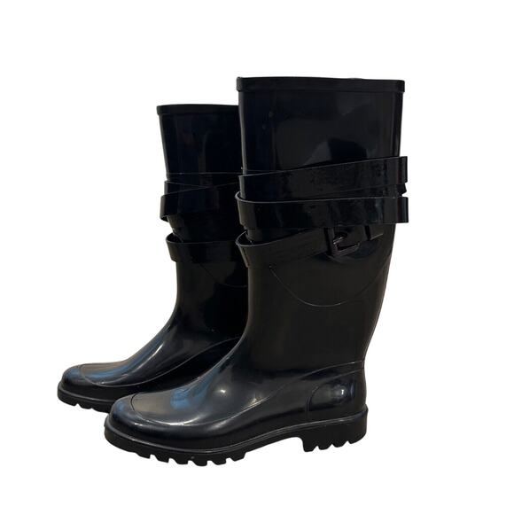 Burberry Women's Rain Boots Size 7.5 Black Tall Waterproof Plaid Lining Designer - Picture 1 of 9